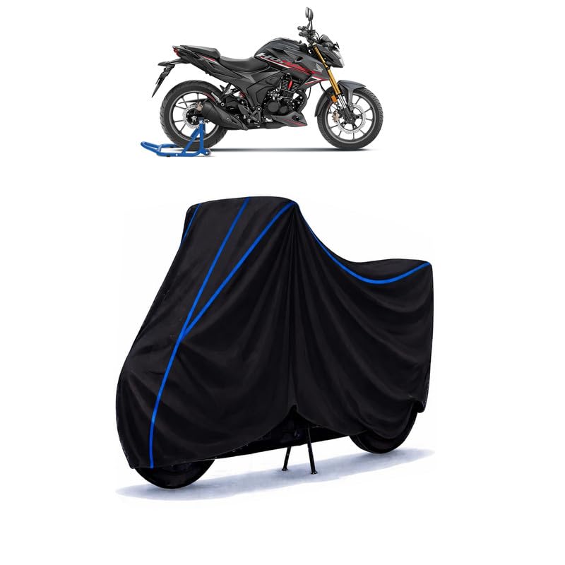 Image of Hornet 2.0 Standard Bike Cover Water Resistant Universal Motorcycle Rain | Heavy Duty UV Protection, Dust, Scratch Indoor Outdoor All Weather with Black Blue Piping Elastic