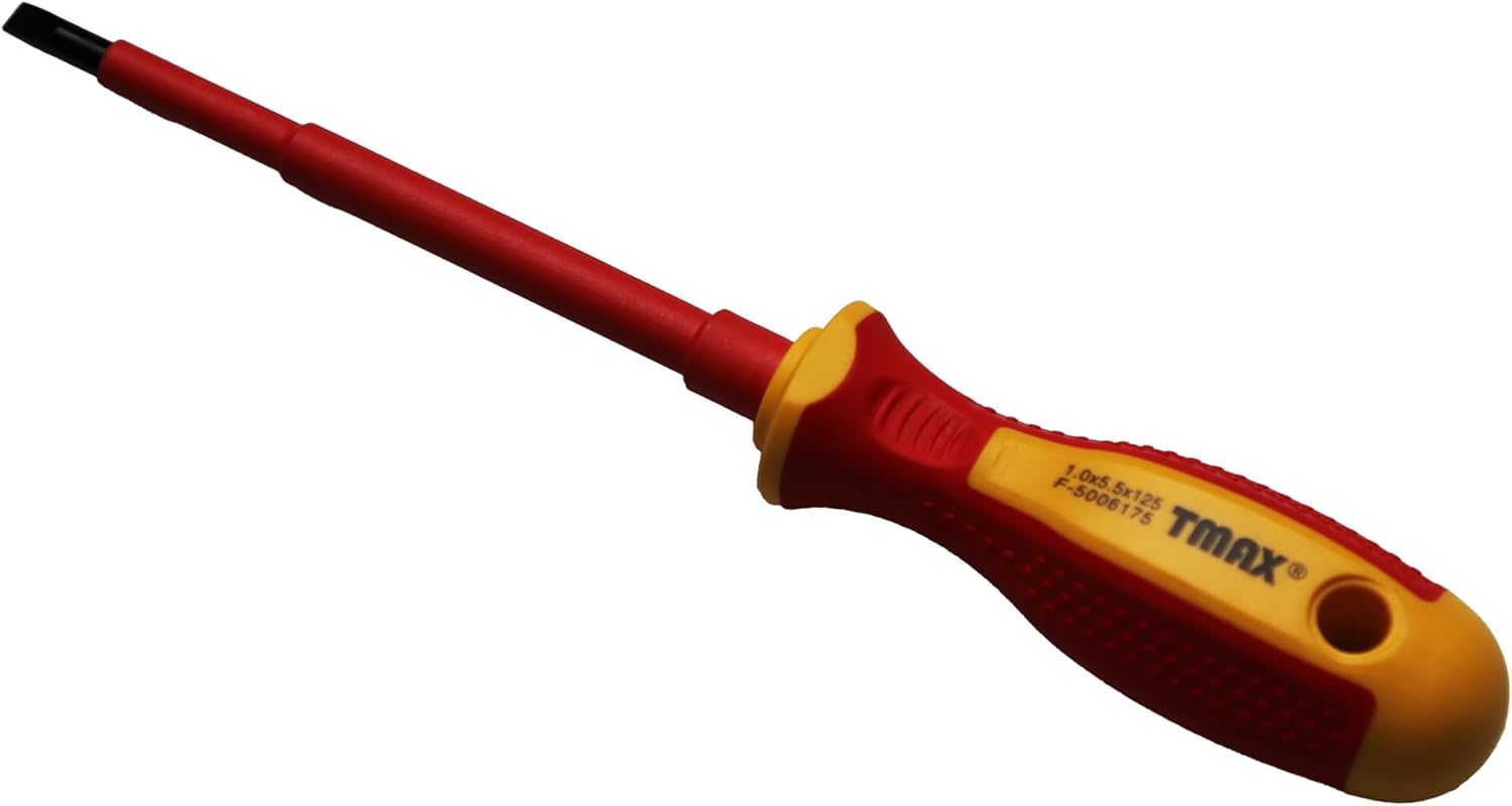 TMAX 1000V VDE Insulated Electrician 5.5mm (7/32 inch) Flat Slotted Screwdriver 4-59/64 Inch Rod Length, 8-55/64 Inch Total length for Magnetic Tips, Slotted Bit and Non-Slip Grip (0.8X4.0X100mm)