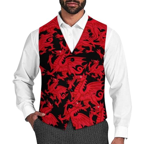 Image of Welsh Dragon Men's Vest Suit Classic Waistcoat Vests Casual Business Dress Slim Fit V-Neck Tuxedo XL