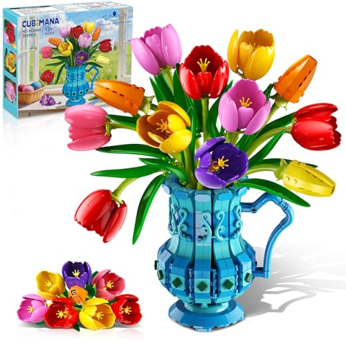 CUBIMANA Blumenstrauß Bausatz mit Vase 768 Teile Tulpen Blumen Set für Erwachsene Künstliche Botanicals Bonsai Bausteine für Home Deko Valentinstag Geburtstag Geschenk für Frauen Mutter Mädchen 12+