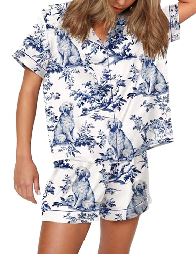 Image of SHESHOW Satin Pajamas for Women Set Preppy Animals Pjs Short Sleeve Shorts 2 Piece Loungewear Sets XS-XXL