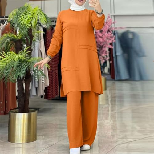 Image of Abayas Dress For Women Muslim Long Sleeve Loose Top Pants 2 Pcs Dubai Islamic Muslim Women Matching Sets