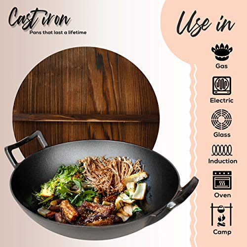 Nutrichef Pre-Seasoned Cast Pan-5.8 Qt Heavy Duty Non-Stick Iron Chinese Wok Or Stir Fry Skillet W/Wooden Lid, For Electric Stove Top, Induction, Large, Black #TOP2