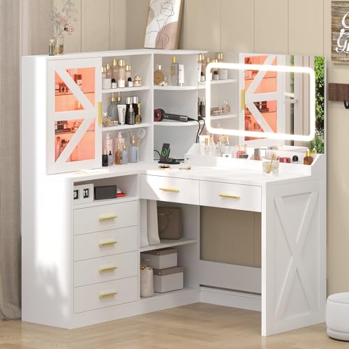 Image of White L-Shaped Corner Vanity Desk with LED Lighted Mirror & Storage Shelves