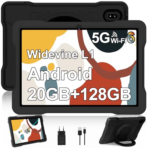 Tablette 10 Pouces Android Tablette Tactile avec 20Go RAM + 128Go ROM (TF 1To), Octa-cœur, 2.0 GHz, GMS Widevine L1, WiFi 6, 6000mAh, 5MP+8MP, Bluetooth 5.0,1280 * 800 HD, Tablette avec EVA Cas - Noir