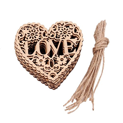 Roossys 10pcs/Pack Wooden Love Heart Hanging Ornament Laser Cut Wedding Embellishment Mr Mrs Craftwork Wedding Decor Supplies (Love Heart)
