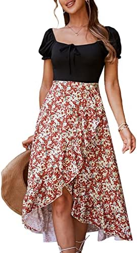 Simplee Women's 2022 Summer Boho Floral Printed Cap Sleeve Split Midi Dress Casual Square Neck Swing A-Line Flared T Shirt Dress(M RedFloral)