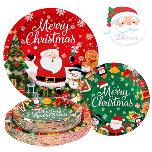 24 Pcs Merry Christmas Paper Plates - Cute Round Christmas Plates, Santa Claus Snowmen Dinner Dessert Plate Disposable Dinnerware Set for Winter Holiday Xmas Party Table Decorations Supplies Favors 24 Pcs Merry Christmas Paper Plates - Cute Round Christmas Plates, Santa Claus Snowmen Dinner Dessert Plate Disposable Dinnerware Set for Winter Holiday Xmas Party Table Decorations Supplies Favors