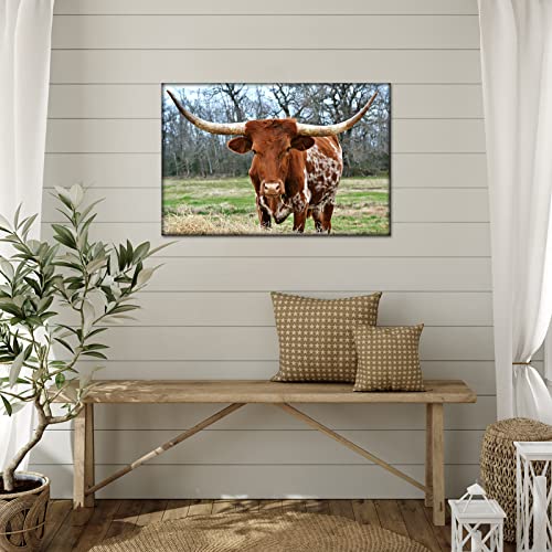 Yeilnm Cow Pictures Wall Decor Texas Longhorn Bull Canvas Picture Artwork Farmhouse Wall Art Kitchen Bedroom Living Room Framed Ready To Hang Ready To Hang #TOP2