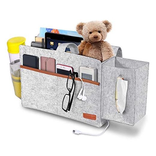 SIMBOOM Bedside Organizer, Felt Bed Storage Caddy with Tissue Box and Water Bottle Holder, Magazine Phone Tablet iPad Remote Holder for Home College Dorm Bed Rails, Sofa, Bunk Beds - Light Grey