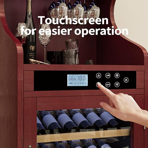 Image of KEIKI 43 Bottle Wine Refrigerator, Freestanding Single Zone Wine Cooler with Humidity Control, Tempered Glass Door, LED Lighting, Lockable Wood Cabinet, Low Noise for Connoisseurs, Cherry