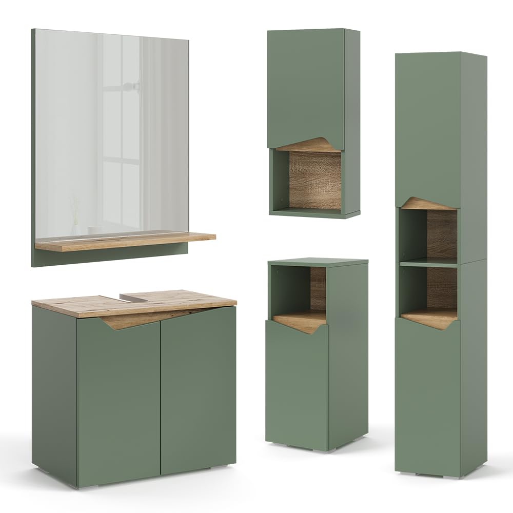 Vicco Armoire de Salle de Bain Marelle, Vert/Artisan, 30x180cm avec Portes et Compartiments Ouverts, pour Le Rangement des Accessoires de Salle de Bain et des Serviettes