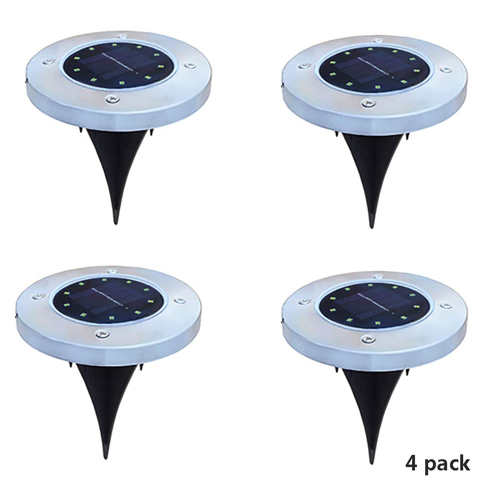 LONGHAI Solar Powered Pathway Lights Outdoor Stake, Disk Lights Stainless Steel Waterproof Auto On/Off Wireless Easy to Install for Yard Patio Walkway Landscape (10 LED 4 Pack),WarmWhite