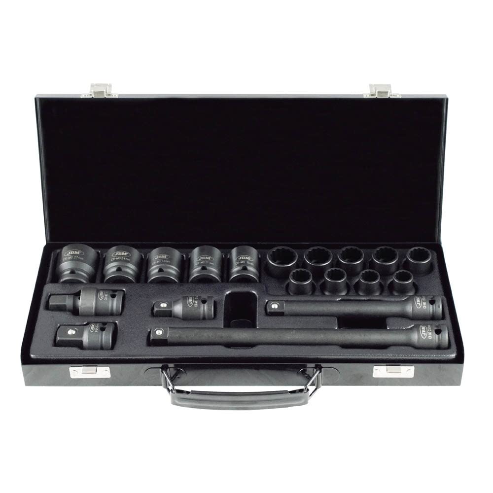 SET DE 19 PIEZAS DE IMPACTO DE 1/2" CON 14 VASOS DE 12 CANTOS + ADAPTADORES
