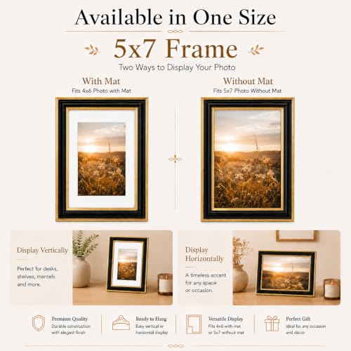 QOTIB 5x7 Picture Frame with 4x6 Mat, Black with Gold Trim Photo Frame, Display 4x6 with Mat or 5x7 without Mat, Shatter-Resistant Plexiglass Front, Tabletop or Wall Display, 1 Pack - Image 2