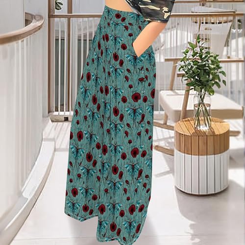 Summer Women's High Waist Loose with Pockets Casual Trouser Boho Ethnic Tribal Floral Print Flowing Wide Leg Pants4