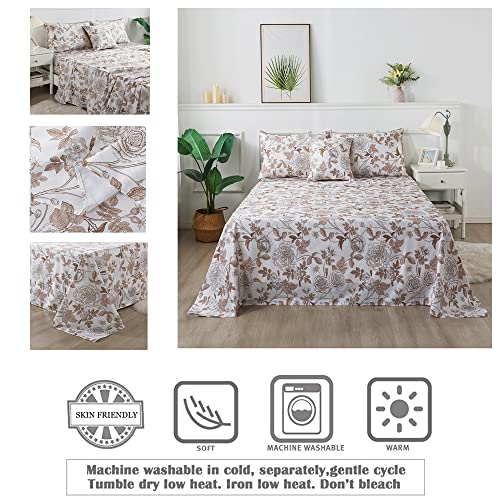 Image of FADFAY Sheets Set Full Vintage White and Brown Floral Bedding Elegant Peony Sheets Set Shabby Rose Farmhouse Bedding 100% Egyptian Cotton 800 Thread Count Deep Pocket Fitted Sheet 4Pcs, Full Size