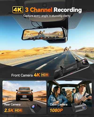 Image of WOLFBOX G900 Tripro Cabin-N 3 Channel 4K Mirror Dash Cam, 4K+1080P+2.5K Front Inside Rear View Mirror Camera, 8MP STARVIS 2 IMX678 Night Vision, 12 inch Smart Screen, 5.8G WiFi (SD Card Not Included)