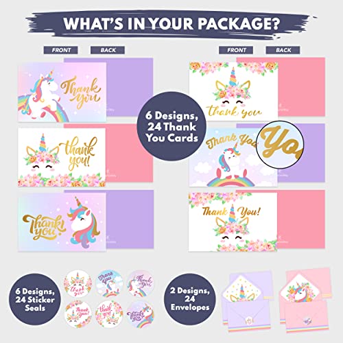 24 Gold-Foiled Unicorn Thank You Cards With Envelopes - 6 Designs Kids Thank You Cards With Envelopes, Unicorn Thank You Cards Kids Birthday, Thank You Cards Unicorn, Unicorn Thank You Notes #TOP1