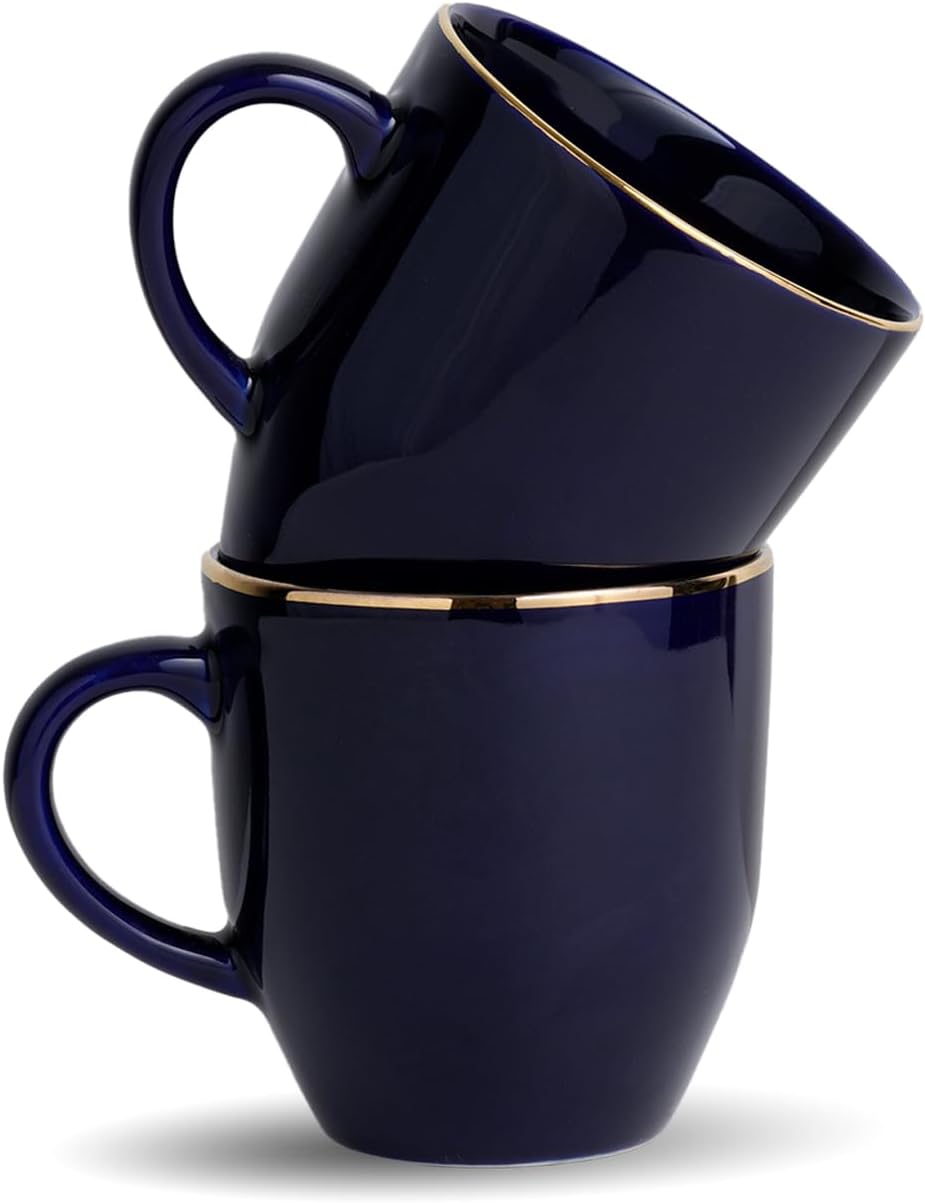 - Ceramic Coffee Mug Set, Set of 2, 300ml, Blue Gold | Medium Mug | Glossy Finish | Porcelain Coffee Cup Set | Ceramic Cup (Blue Gold Milk Mug, Set of 2)