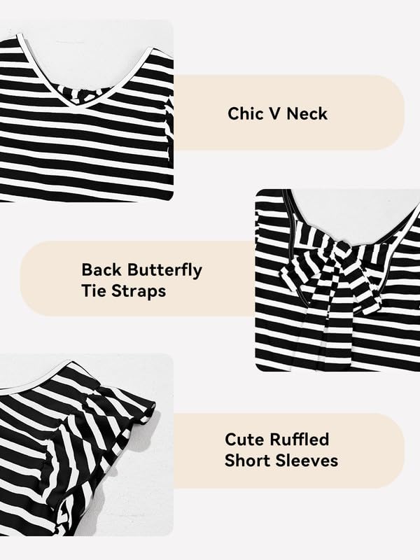 Girls Ruffle Short Sleeve Striped T Shirts Summer Cute V Neck Tie Back Tee Tops 6-15 Years4