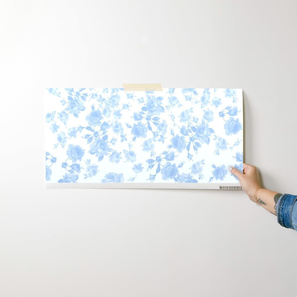 Spoonflower Peel & Stick Wallpaper Swatch - Blue Roses Faded Shabby Chic Roses White Floral Cottagecore Vintage Chintz Custom Removable Wallpaper