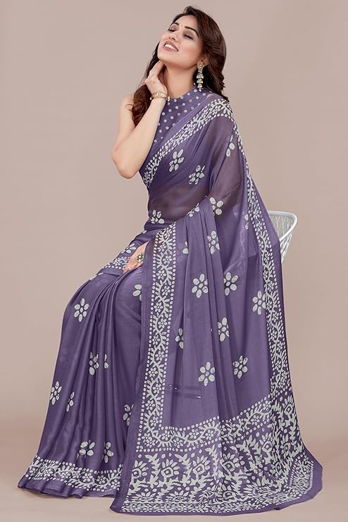 Women's Latest_Chiffon Batik_Printed Saree with Blouse Piece Partywear Indian Item Weeding Gift item For Women's Saree Pack Of 1(Dark Dusty Purple, Grey)