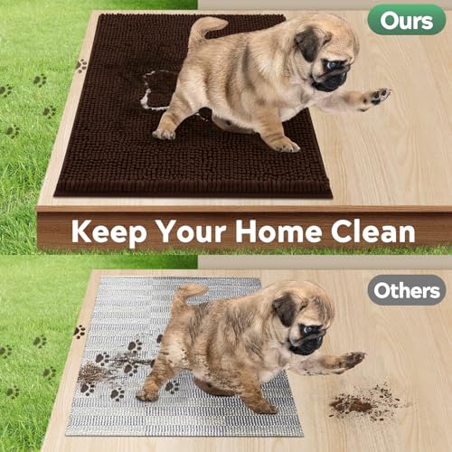 Dog Door Mat for Muddy Paws, Pet Rug Chenille Absorbent Outdoor Doormat 36"x 24", Non Slip Heavy Indoor Doormat Soft Front Inside Doormats for Entryway, Mud Paws, Patio,Dog Paw Brown