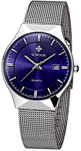 MASTOP Men New Top Luxury Watch Ultra Thin Stainless Steel Mesh Band Quartz Wristwatch Fashion Casual Watches, Blue