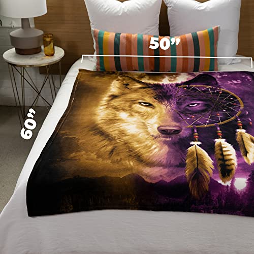Dawhud Direct Dreamcatcher Wolf Fleece Blanket For Bed, 50" X 60" Dreamcatcher Fleece Throw Blanket For Women, Men And Kids - Super Soft Plush Wolf Blanket Throw Plush Blanket Wolf Gifts #TOP2