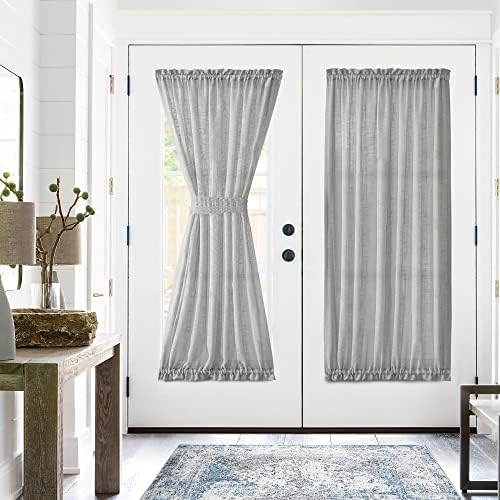 jinchan Linen French Door Curtain with Open Weave Semi-Sheer Door Curtain 72 Inches Long Drape Rod Pocket 1 Panel Curtain Light-Filtering Privacy Window Decor 1 Tieback Included Gray