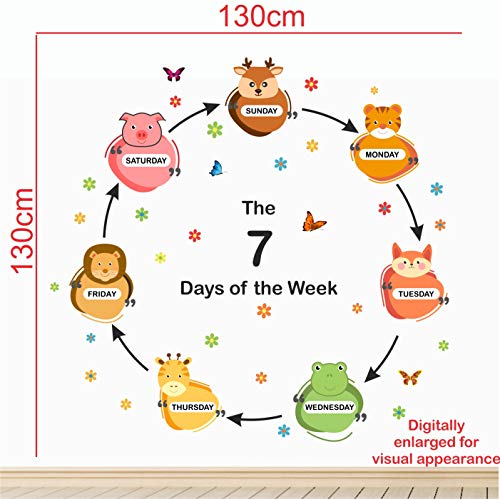 Image of StickMe '7 Days of The Week Animals Baby Kids Learning Education NurseryPre School Kinder Garden Colorful Wall Sticker' (Multi Colour, Vinyl)
