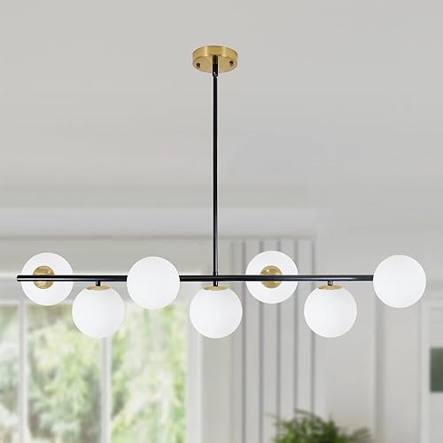 Candelabro de globo de 7 luces negras y doradas, lámpara Sputnik lineal de mediados de siglo, lámpara colgante vintage de techo de globo de vidrio