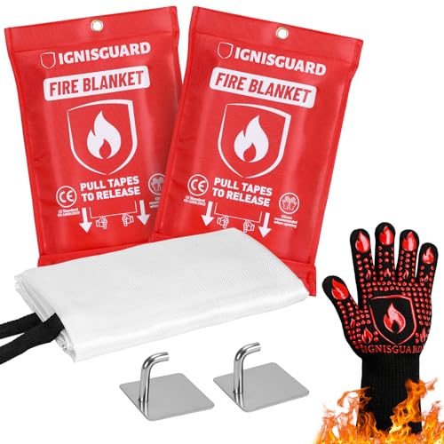 IGNISGUARD 2-Pack Fire Blanket for Home and Kitchen, Includes 1 Fire Resistant Glove and 2 Hooks, Fire Blankets Emergency for Home Safety, Emergency Fire Blankets Suppressant Kit