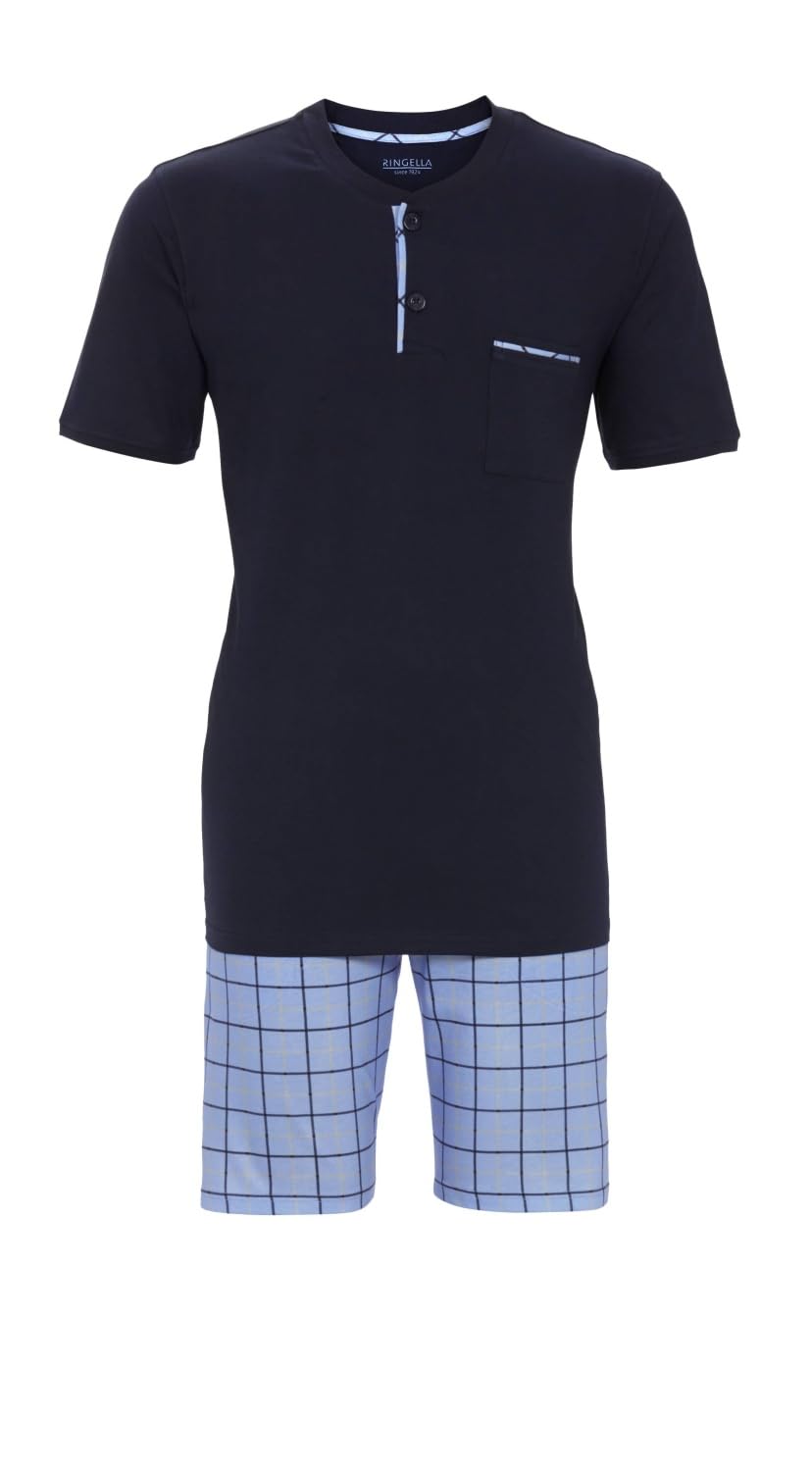 Ringella Herren Shorty - Kurzpyjama mit Rundhals & Strickbündchen, Knopfleiste, Brusttasche, Karodessin – Bermuda mit elastischem Bund & Seitentaschen – 100% Baumwolle, pflegeleicht
