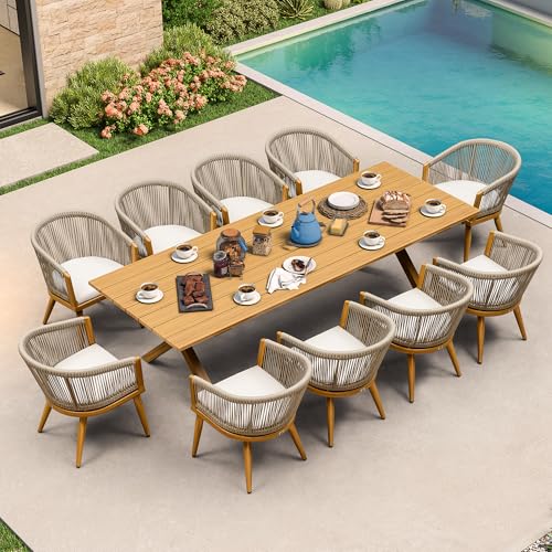 Image of PURPLE LEAF Outdoor Dining Set for 10 with Cushions PE Rattan Teak w /Cover
