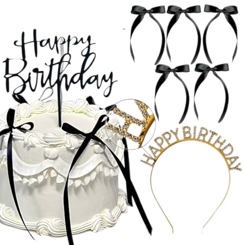 Tyotrbs Bow Cake Topper, Black Bows For Cake with Gold Happy Birthday Headband for Vintage, Ribbon, Coquette Themed Party