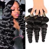 Loose Wave Human Hair Bundles, 100% Virgin Hair Extensions, Natural Black, Can Be Dyed and Bleached, Soft and Thick with Minimal Shedding (#1b(Natural Black), 12' 14' 16')