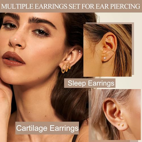 Jstyle Small Hypoallergenic Flat Back Stud Earrings for Women Men, 14K Gold Surgical Stainless Steel Earrings for Sensitive Ears Tiny Screw Back Cartilage Earring Sets for Multiple Piercing2