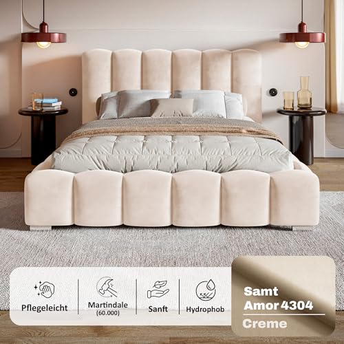 Grand Bubble Bett 180x200 Beige Samt, mit Stauraum, mit Kopfteil, mit Lattenrost, mit Füßen, mit Matratze H2/H3, Bubble Polsterbett 180x200 mit Bettkasten Beige (Creme) – Bild 4
