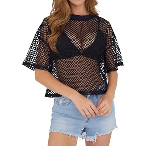 CLOZOZ Women's Mesh Crop Top See Through Fishnet Shirt Sheer Cover Up Shirt