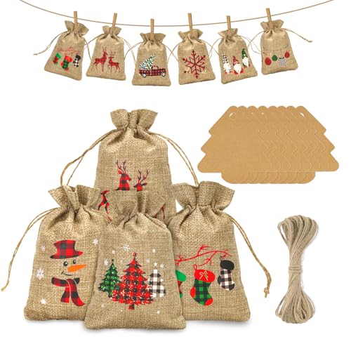jijAcraft 24Pcs Advent Calendar Bags: 10x15cm Christmas Burlap Bags Xmas Hessian Drawstring Sacks Christmas Burlap Gift Bag for Advent Calandar Xmas Party Decoration