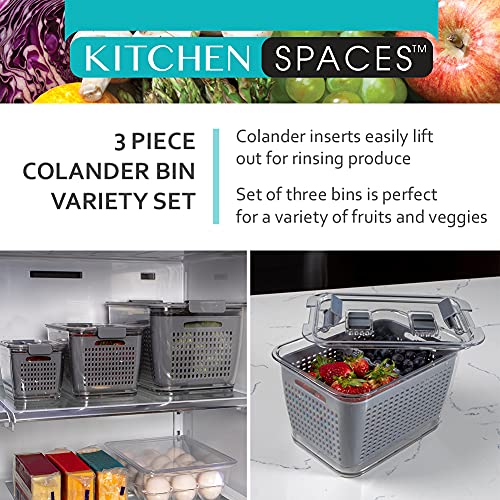 Kitchen Spaces Gray Colander Bin Variety Pack, Fridge Organizers, Produce Storage, Keep Vegetables Fresh, Lettuce, Grape Or Strawberry Holder, Three Sizes #TOP6