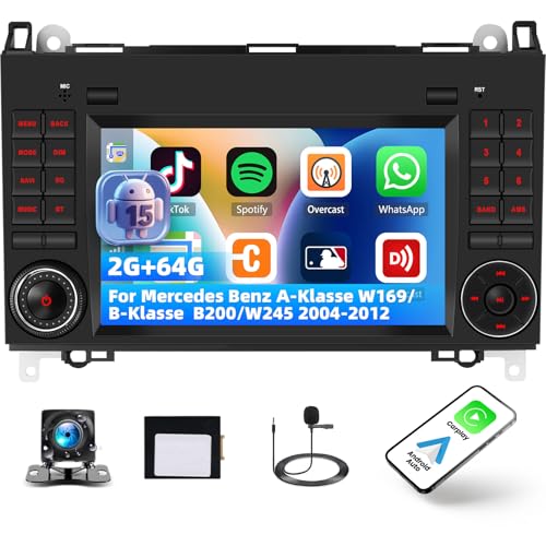 Android 15 2+64G Carplay Autoradio pour Mercedes Benz Classe A W169/Classe B B200/W245 (2004-2012), écran Tactile IPS 7 Pouces avec Bluetooth, GPS, Wi-FI, 26...