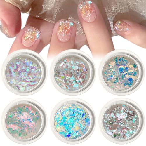 6PCS Nail Art Glitter Nail Sequins Glitter Metallic Shining Flakes Sequins Flakes Nail Foil Nail Powder Manicure Tips Nail Art DIY at Home Nail Decorations Accessories