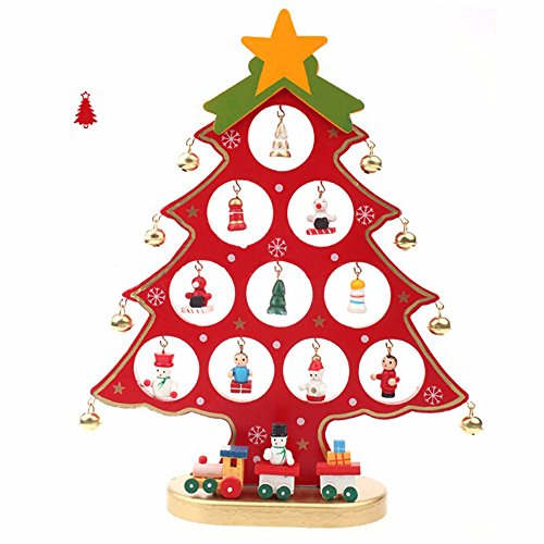 ZEONKIT German Style 11inch Wooden DIY Christmas Tree for Desk Tabletop with Small Decorative Accessories (red)