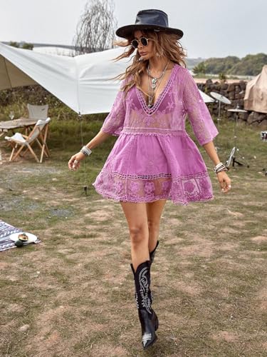 Image of Eomenie Women's Contrast Lace Bathing Suit Cover Up V-Neck Swimsuit Coverups Loose Swimwear Beach Dress Beachwear