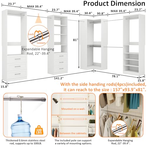 Vomavex Closet System with 4 sets, 101.9" Closet Organizer Systems with 6 Drawers & 8 Hanging Rods & Adjustable Shelves, Walk in Closet Standing Closet System, Corner Closet System Set, White - Image 4