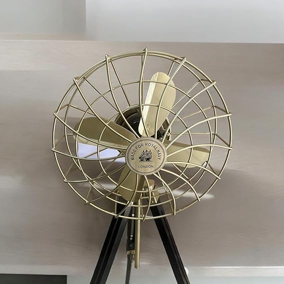 brass antique vintage-style, modern twist Floor fan for home decor and office, including a wooden tripod stand