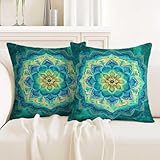 ZwenPdoe Teal Mandala Throw Pillow Covers 18x18 Set of 2 | Boho Decorative Cushion Covers with Hidden Zipper | Blue Green Medallion Pillowcases for Couch Sofa Bed Living Room Home Decor